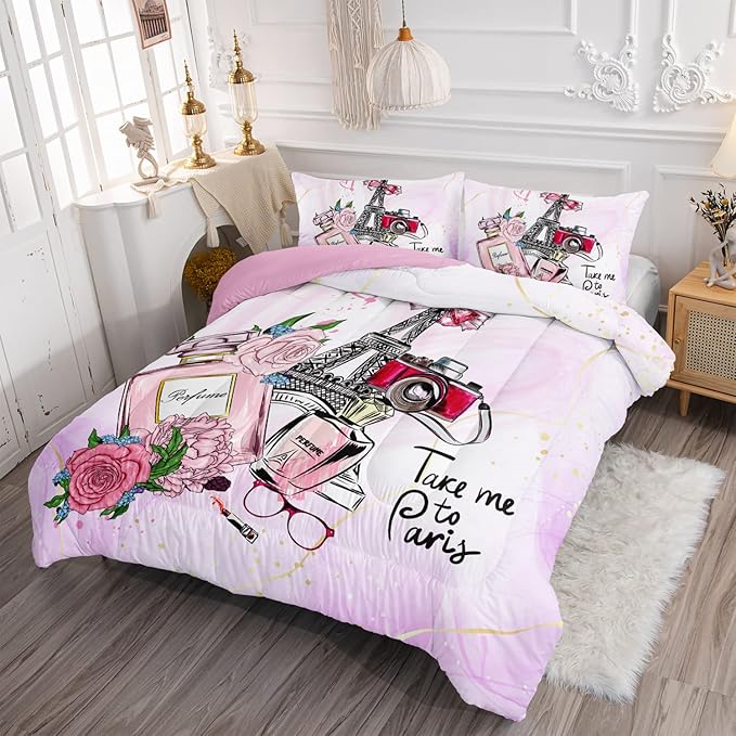 HOSIMA Pink Paris Bedroom Comforter Set, French Eiffel Tower Bedding Sets Romantic Paris Decor for Bedroom, Fluffy Full Size Comforter with 2 Pillowcases