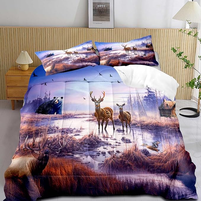 LUVIVIHOME 3PCS Cabin Comforter Set Full Size, Mallard Duck Elk Moose Black Bear Deer Bedding, Lake Forest Animal Wildlife Hunting Hunter Country Lodge Rustic Farmhouse Bedding, 2 Pillow Shams