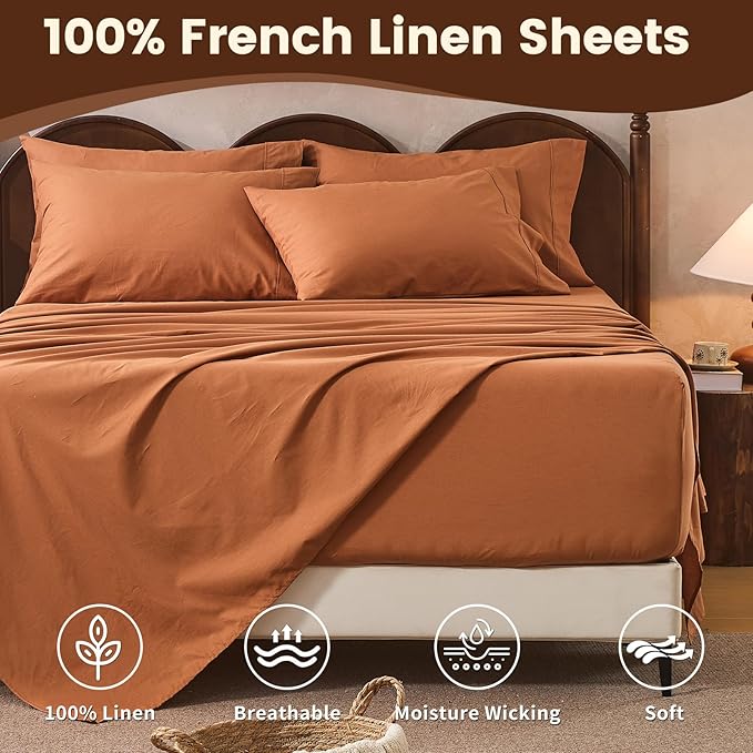 100% Linen Sheet Set King Size Extra Deep Pocket Fits 18-24 Inch Mattress, Breathable & Soft, Smooth 6-Piece Set for Thick Mattresses Hotel Luxury Bedding（King, Brown）