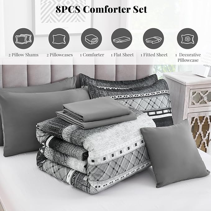 WONGS BEDDING 8 Piece Queen Size Comforter Set, Black Grey Striped Bed in a Bag Comforter and Sheet Set, Boho Lightweight Microfiber Bedding Set for All Season (90"×90")