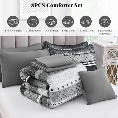 WONGS BEDDING 8 Piece King Size Comforter Set, Black Grey Striped Bed in a Bag Comforter and Sheet Set, Boho Lightweight Microfiber Bedding Set for All Season (90"×104")