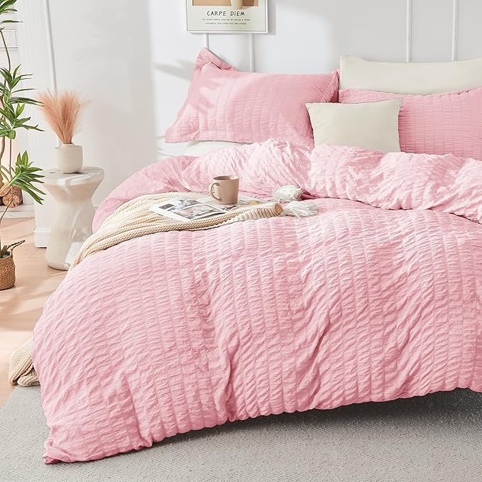HYMOKEGE Pink/Ivory Full Size Comforter Sets Seersucker 7 Pieces, All Season Luxury Bed in a Bag for Bedroom, Bedding Set with Comforter, Sheets, Pillowcases & Shams