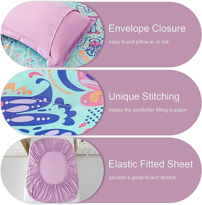 Twin Comforter Set, 5 Piece Bed in a Bag, Boho Aqua and Lilac Damask Medallion Print Comforter with Sheets, Soft Microfiber Complete Bedding Set for All Season (Aqua, Twin)