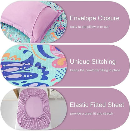 Twin Comforter Set, 5 Piece Bed in a Bag, Boho Aqua and Lilac Damask Medallion Print Comforter with Sheets, Soft Microfiber Complete Bedding Set for All Season (Aqua, Twin)