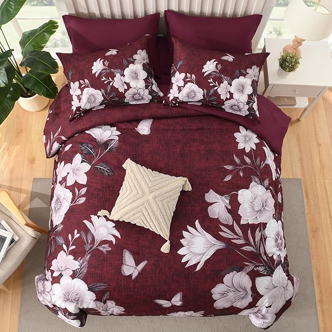 Floral Comforter Set Queen Size, 7 Pieces Burgundy Bed in a Bag, Elegant Floral Butterfly Comforter and Sheet Set, Soft Microfiber Bedding Set for All Seasons(Burgundy,90"x90")