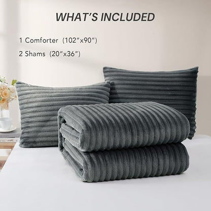 Geniospin Fleece King Size Comforter Set, Soft Fuzzy Fleece King Bedding Set, 3-Pieces Grayish Blue Comforter Set for All Season, Warm Fluffy Comforter with 2 Pillow Cases
