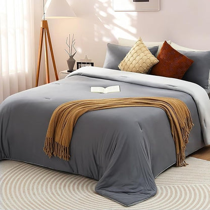 Elegear Twin Comforter Set Gray, PCM Tech Ultra-Soft Bedding Set, 2Pcs Upgraded Micro Fleece Lightweight Breathable Comforter Set All Season, 1 Reversible Comforter 68x88, 1 Zipper Pillowcase 20x26