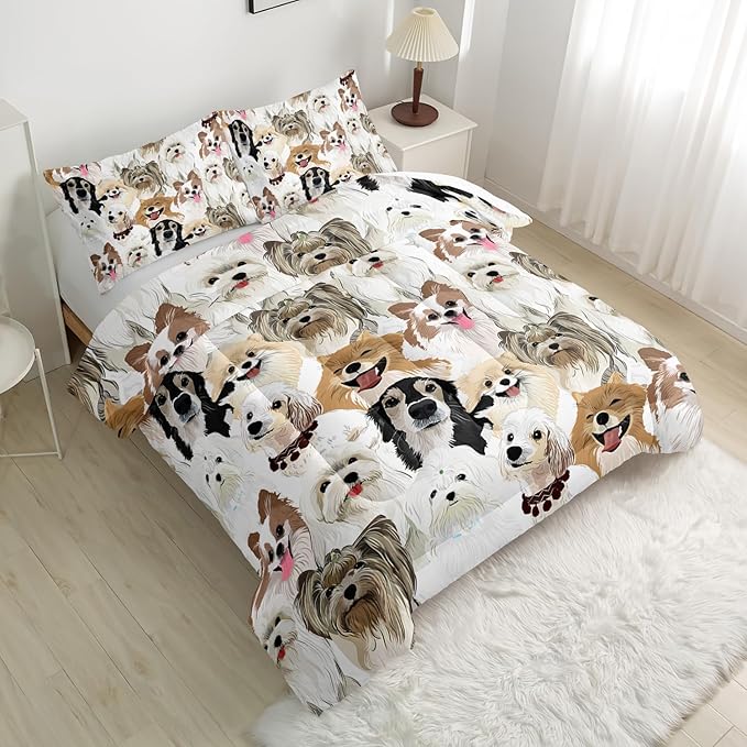 Cartoon Dog Comforter Set Queen，Cute Dog Bedding Set for Kids Teens and Adults Soft Microfiber All Season(1 Comforter & 2 Pillowcases)