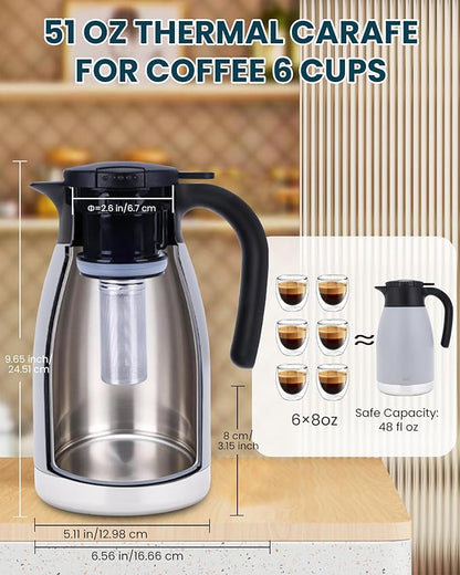 GiNT 51oz Thermal Coffee Carafe with Infuser – Insulated Tea Carafe, Removable Filter, Dishwasher-Safe | 1.5L 6–7 Cups, Wide Mouth, Leak-Proof Seal | Stainless Steel Beverage Server for Home & Office