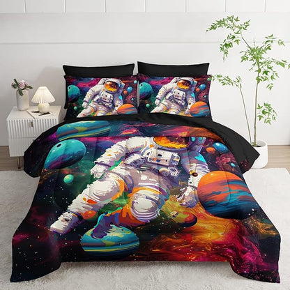7 Piece Astronaut Themed Comforter Set Queen，Astronaut Bedding for Boys Queen Size，(1 Comforter, 1 Flat Sheet, 1 Fitted Sheet, 2 Pillowcase and 2 Pillow Sham)