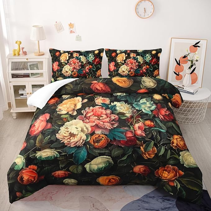 Cute Flower 3 Piece Bedding Set Full Size，Colorful Floral Ultra Soft Microfiber Comforter Bed Set with 3-Pieces,Flower Comforters Sets for Girl Teen Floral Bedroom Decor with 2 Pillow Shams
