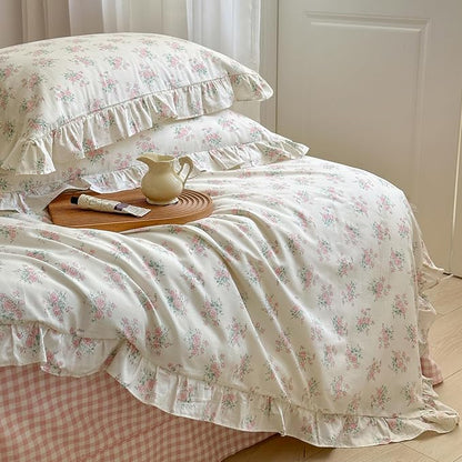 MKXI Full Size Pink Floral Comforter Set - 3 Piece Ruffled Lace Bedding Set 1 Full Comforter with 2 Pillowcases All Seasons, Soft Aesthetic Princess Style Floral Comforter for Girls, Women