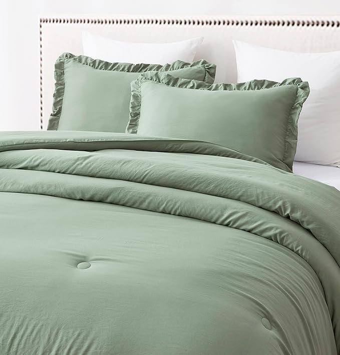 Chezmoi Collection Nora Sage Green Comforter Set Full Size 3-Piece Fluffy Soft Stone-Washed Ruffled Shabby Chic Bedding for All Season