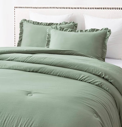 Chezmoi Collection Nora Sage Green Comforter Set Queen Size 3-Piece Lightweight Fluffy Soft Stone-Washed Ruffled Shabby Chic Bedding for All Season