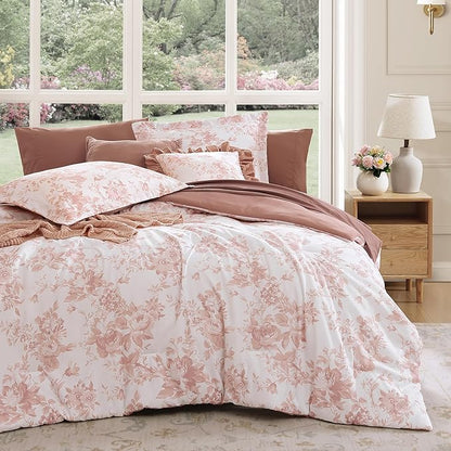 Twin XL Comforter Set -5 Pieces Floral Rose Bedding Set for All Seasons, Bed in a Bag with Botanical Flowers Comforter, Sheets, Pillowcase & Sham