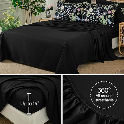 Yiran Black Green Floral Comforter Set Queen Size, 7 Piece Botanical Comforter Bedding Set, Farmhouse Bed in a Bag, Soft Microfiber Complete Bedding Set with Sheets for All Season
