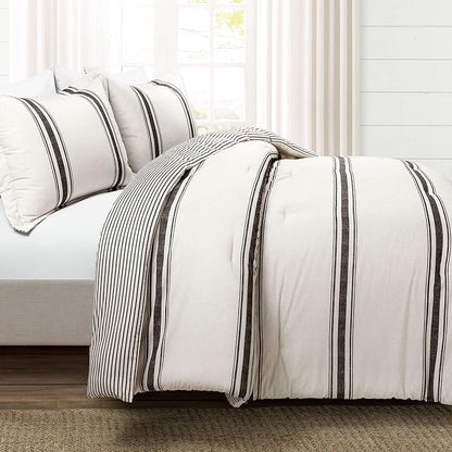 Lush Decor Farmhouse Stripe Reversible Cotton Comforter Set, 3 Piece Set, Full/ Queen, Black - Cozy Farmhouse Bedding Set - Rustic Decor - Striped Comforter - Modern Farmhouse Bedroom Decor