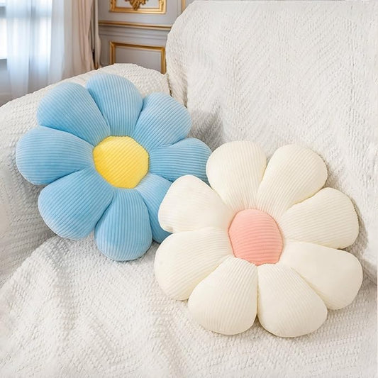 2 Pcs White Blue Flower Pillow Decorative Throw Pillows for Bed Couch Sofa Chair,15.35" Cute Aesthetic Flower Daisy Shaped Pillows Floor Cushions for Bedroom Room Classroom (White+Blue, 15.35 Inch)