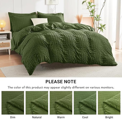 HYMOKEGE Olive Green Twin Comforter Set Seersucker 5 Pieces, All Season Luxury Bed in a Bag for Bedroom, Bedding Set with Comforter, Sheets, Pillowcase & Sham