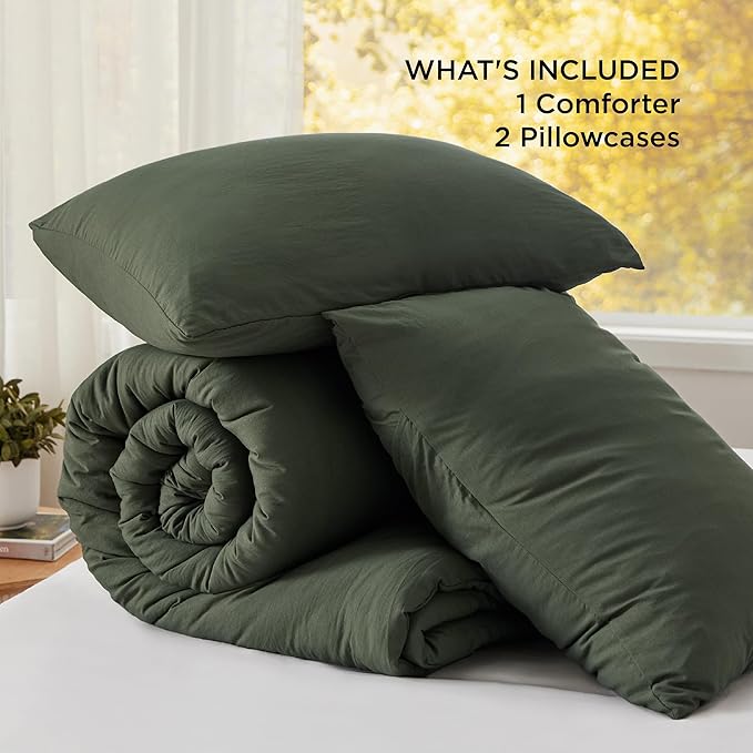 Bedsure California King Comforter Set, Dark Green Soft Prewashed Bedding for All Seasons, 3 Pieces GentleSoft™ Bed Set, 1 Lightweight Comforter (104"x96") and 2 Pillowcases (20"x36")