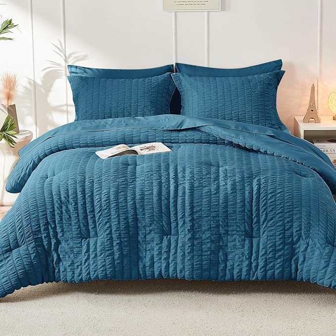 HYMOKEGE Teal Queen Comforter Set Seersucker 7 Pieces, All Season Luxury Bed in a Bag for Bedroom, Bedding Set with Comforters, Sheets, Pillowcases & Shams