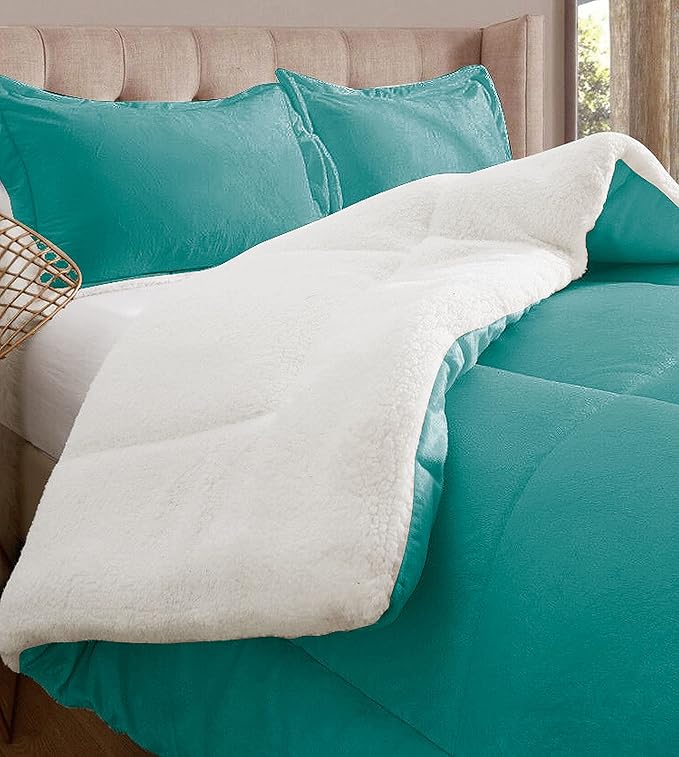 Elegant Comfort Super Soft Sherpa Comforter 3-Piece Set Premium Quality, Heavy Weight Reversible Down Alternative Micro-Suede, Sherpa Comforter, Queen, Tropical Teal