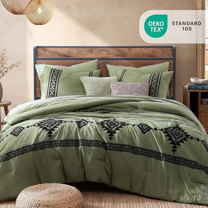 MaiRêve Embroidery Comforter Sets Full Size, Light Olive Green Western Boho Bedding Set 7 Pieces, Farmhouse All Season Bed in A Bag Comforter Set with Sheets, Pillowcases & Shams