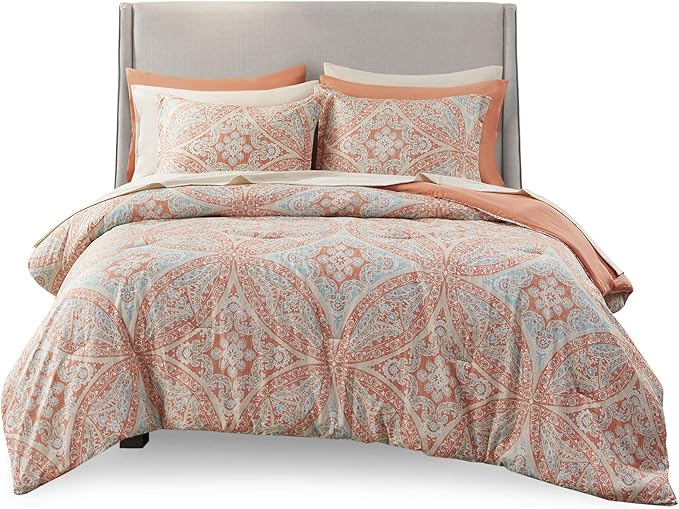 Comfort Spaces Bed in A Bag - Trendy Casual Design Cozy Comforter with Complete Sheet Set with Side Pocket, All Season Cover, Matching Shams, Queen(90"x90"), Gloria, Damask Coral 9 Piece