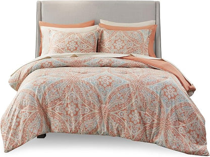 Comfort Spaces Bed in A Bag - Trendy Casual Design Cozy Comforter with Complete Sheet Set with Side Pocket, All Season Cover, Matching Shams, King(104"x90"), Gloria, Damask Coral 9 Piece