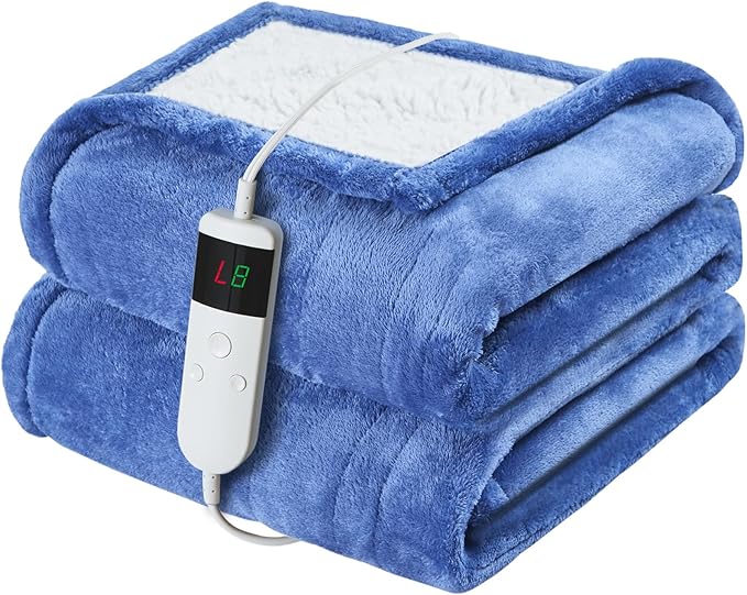 Electric Heated Blanket Throw Size 50''x60'' Soft Flannel & Sherpa Electric Blanket with 10 Heating Levels, Automatically Shut Down After 8h with Overheat Protection Machine Washable