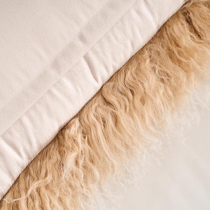Genuine Mongolian Lamb Fur Pillow Cover – 12"x20" Rectangular Cushion Case – Soft Curly Wool Decorative Accent for Sofa, Bed, or Chair (Frosted Beige)