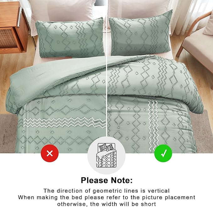 Andency Sage Green Tufted Comforter Set King(104x90Inch), 3 Pieces(1 Tufts Comforter, 2 Pillowcases) Boho Textured Farmhouse Bed, Microfiber Down Alternative Geometric Bedding Set