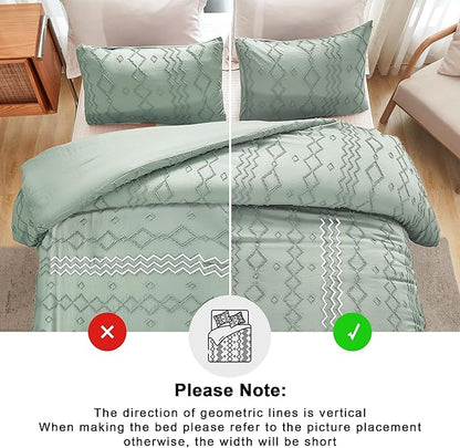 Andency Sage Green Tufted Comforter Set King(104x90Inch), 3 Pieces(1 Tufts Comforter, 2 Pillowcases) Boho Textured Farmhouse Bed, Microfiber Down Alternative Geometric Bedding Set