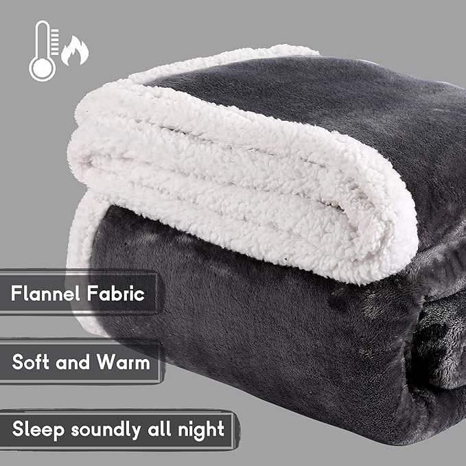Heated Blanket Electric Throw Size 50''x60'' with 9 Heating Levels, 1-10 Hour Auto Shut Off, Machine Washable, Flannel & Sherpa Double-Sided Soft Warming Blanket for Couch, Bed, Office - Dark Grey