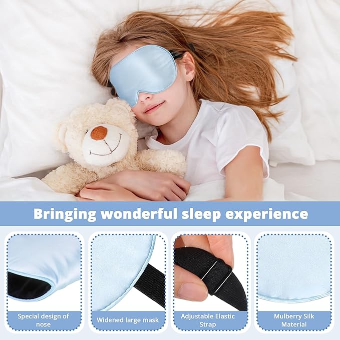 Kids Sleep Mask Eye Cover, 100% Real Natural Pure Silk Eye Mask with Adjustable Strap, Blindfold Kids Eye Mask for Sleeping, Eye Shade for Boys Girls and Adult, Pressure-Free Comfort (Blue)