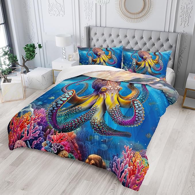 3D Octopus Comforter Set Queen Size 3Pcs Nautical Ocean Bedding Set Seaweed Quilt Bed Set for Boys Girls with 1 Comforter and 2 Pillowcases