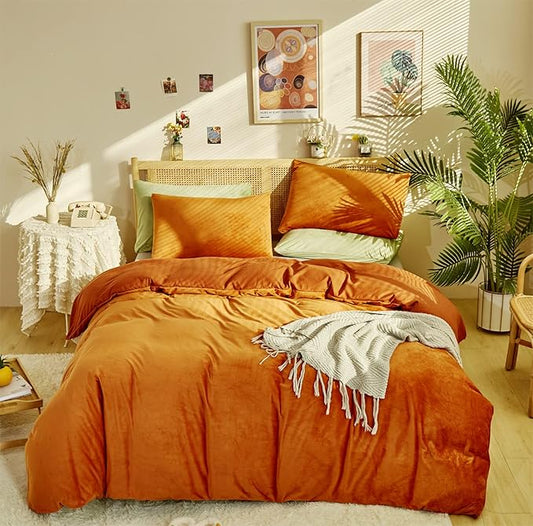 KAREVER Burnt Orange Velvet Comforter Queen Solid Rust Color Flannel Velvet Bedding Comforter Set All Caramel Colour 3 PCs Shaggy Soft Warm and Durable Flannel Blanket Queen