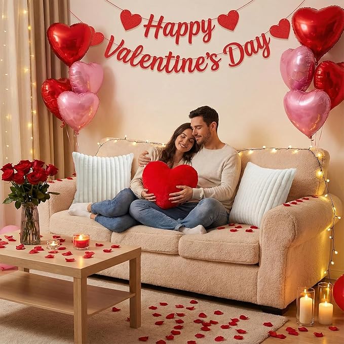Leinuosen Set of 3 Valentine's Day Decor Heart Red Throw Pillow and 18 in Pillows Covers Faux Fur Decorative Heart Shaped Pillow Furry Stripe Pillowcase for Valentine Bed Couch Living Room Home Decor