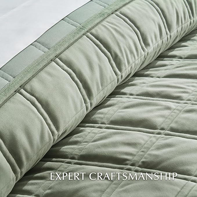 EVERGRACE 3 Pieces Luxurious Velvet Quilt Queen Size, Ultra Soft Bedspread Coverlet Set, Double Box Stitch Lightweight Velvet Comforter for All Season with 2 Shams, Sage Green, 92"x96"