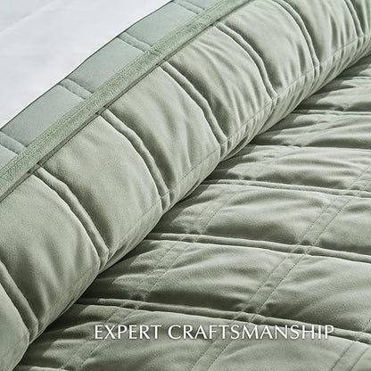 EVERGRACE 3 Pieces Luxurious Velvet Quilt Queen Size, Ultra Soft Bedspread Coverlet Set, Double Box Stitch Lightweight Velvet Comforter for All Season with 2 Shams, Sage Green, 92"x96"