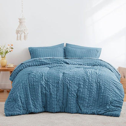 Love's cabin Seersucker Misty Blue California King Comforter Set, 7-Piece All Season Lightweight Bed in a Bag Bedding Set with Comforter, Flat Sheet, Fitted Sheet, Pillowcases and Shams | Soft, Breathable, Lightweight