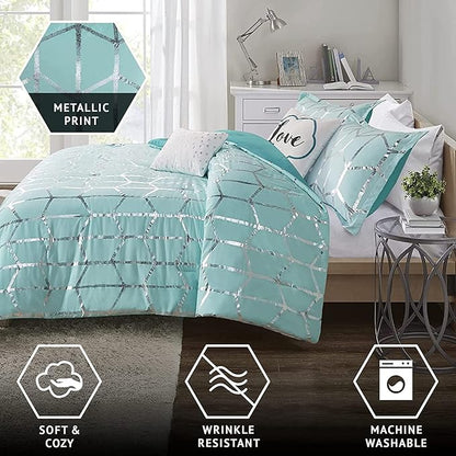 Intelligent Design Raina King / Cal King Comforter Set, Soft Microfiber Comforter Set King, Modern Geometric Metallic Bed Set, 5 Pieces College Bedding Comforter Set with 2 Shams, 2 Toss Pillows Aqua