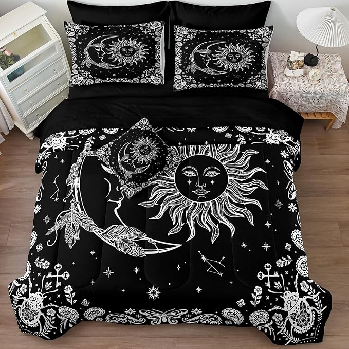 Sun and Moon Comforter Set 8 Pcs Black White Paisley Bedding Sets Stars Starry Sky Galaxy Theme Boho Comforter Paisley Floral Exotic Bedding Comforter Queen Bed in A Bag
