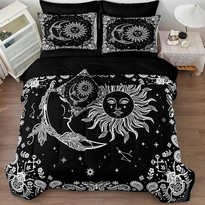 Sun and Moon Comforter Set 8 Pcs Black White Paisley Bedding Sets Stars Starry Sky Galaxy Theme Boho Comforter Paisley Floral Exotic Bedding Comforter Queen Bed in A Bag