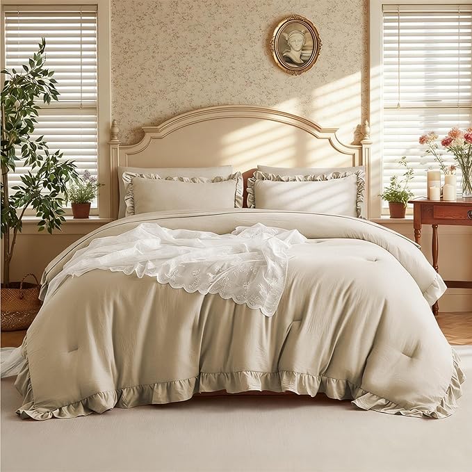 MR&HM California King Comforter Set Linen, Comforter Set 7 Pieces for Girls Women, Shabby Chic Vintage Cottagecore Bed Sets Elegance Boho Bed in a Bag, Ultra-Soft & Fluffy Comforter for All Season