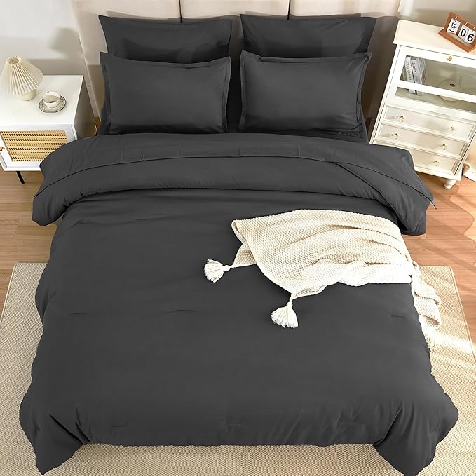 Litanika Comforter King Size Set Dark Grey - 7 Pieces Bed in a Bag King Bedding Comforter Sets, Plain Lightweight Bed Set with Comforter, Sheets, Pillowcases & Shams