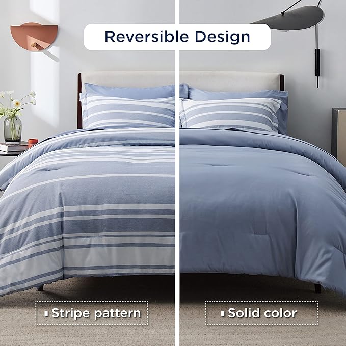 Bedsure Queen Comforter Set 7 Pieces, Blue Striped Bedding Set for All Seasons, Reversible, Cationic Dyeing Bed in a Bag with Comforter, Sheets, Pillowcases & Shams