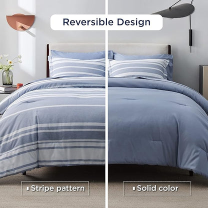 Bedsure Queen Comforter Set 7 Pieces, Blue Striped Bedding Set for All Seasons, Reversible, Cationic Dyeing Bed in a Bag with Comforter, Sheets, Pillowcases & Shams