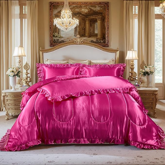 Hot Pink Queen Comforter Set Silk Like Satin Bedding Set 4 Pcs Hotel Soft Polyester Satin Bed Set Luxury Silky Body Pillow Cover Ruffle Down Comforter Home Decor