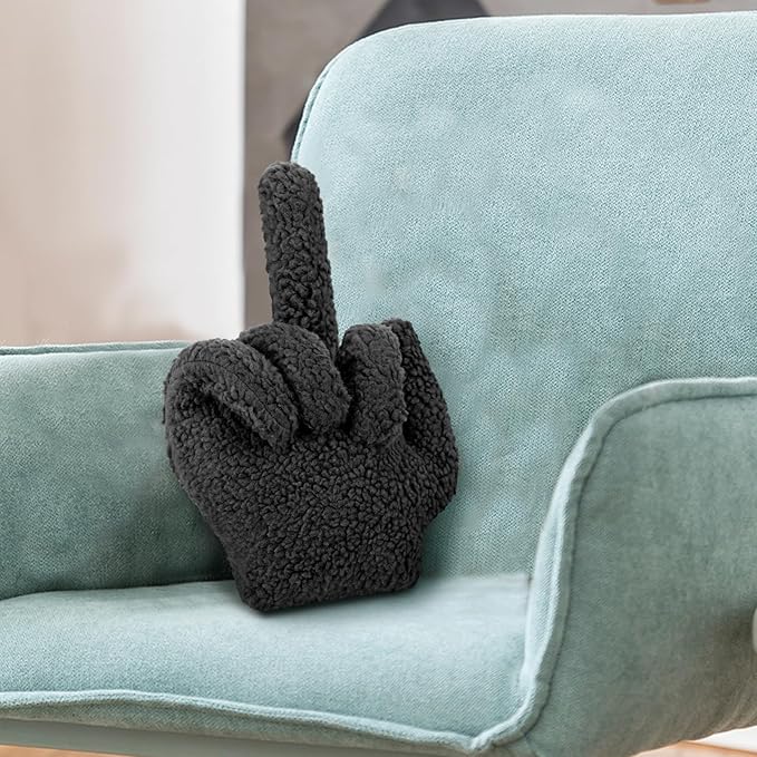 Menkxi Small Middle Finger Decorative Pillow 13.78 x 9.84 in Funny Shaped Sherpa Fleece Throw Pillow Warm Soft Emoticon Cushion Middle Finger Decor for Couch Gag Gift(Black)